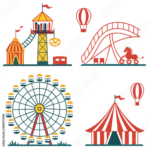Amusement Park Carnival Attractions Flat Vector Icons 