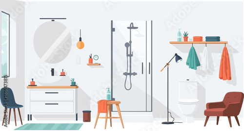 Modern bathroom interior with shower, toilet, vanity, and seating