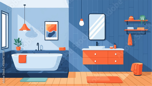 Modern bathroom with bathtub, vanity, mirror, sink, and decor