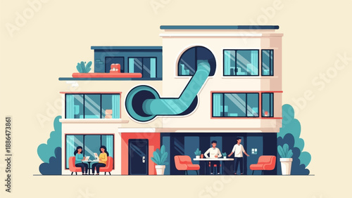 Modern building with people and plants, featuring a unique turquoise pipe design