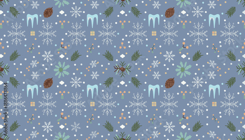 Seamless winter holiday pattern with snowflakes pinecones icicles and gifts on blue