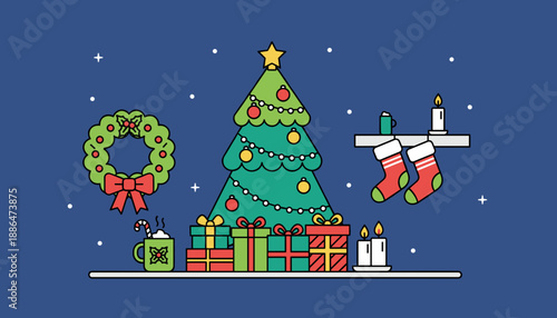 Christmas illustration featuring a decorated tree gifts wreath stockings and holiday drinks on a shelf
