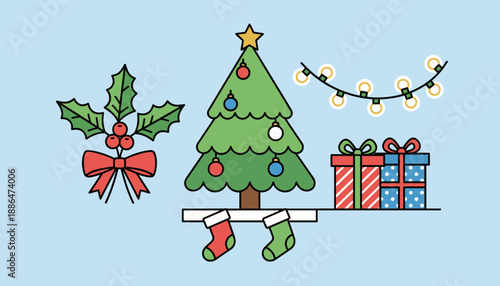 Holiday vector set featuring Christmas tree presents holly lights and stockings