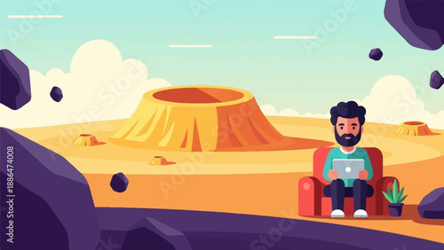 Man sits in chair on alien planet with volcanoes and rocks, using a tablet