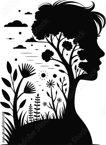 Floral landscape within woman's silhouette.