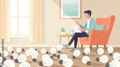 Man sits in armchair with papers, surrounded by many light bulbs on the floor