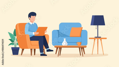 Man sits in an armchair reading a document in a minimalist room