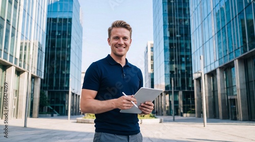 A smiling young professional standing outside modern office buildings with a tablet and pen