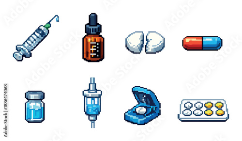 Pixel art medical items: syringe, pills, capsule, vial, dropper, inhaler