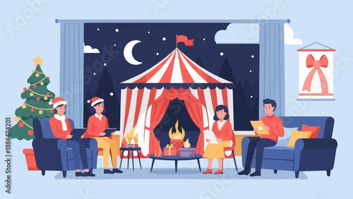 Festive family gathering indoors watching a snowy night scene with circus tent