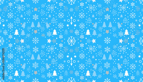 Blue Christmas seamless pattern with white and grey snowflakes stars and fir trees Winter background