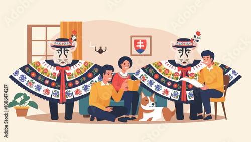 Festive family gathered, enjoying reading and storytelling with costumed companions