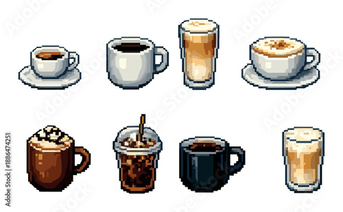 Variety of pixel art coffee cups featuring espresso, latte, and cappuccino designs