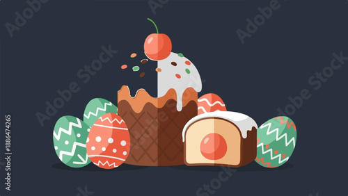 Festive Easter cake with decorated eggs and a slice revealing a cherry center