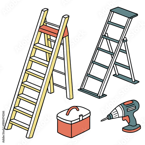 Cartoon Metal and Wooden Ladders Vector Illustration Set 