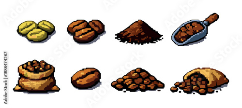 Pixel art coffee icons: beans, grounds, and sacks in retro style