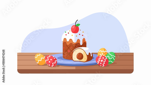 Festive Easter cake with colorful eggs on wooden table