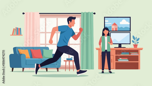 Man running indoors while woman watches TV on couch