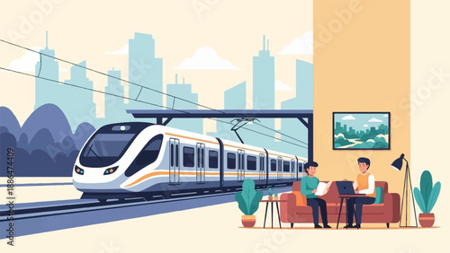 Modern commuter train arrives in city with people relaxing indoors