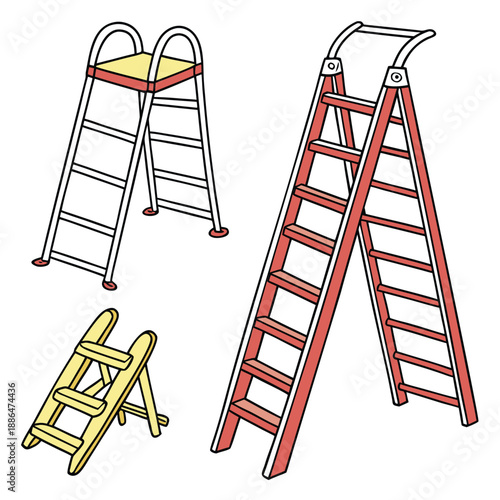 Cartoon Metal and Wooden Ladders Vector Illustration Set 