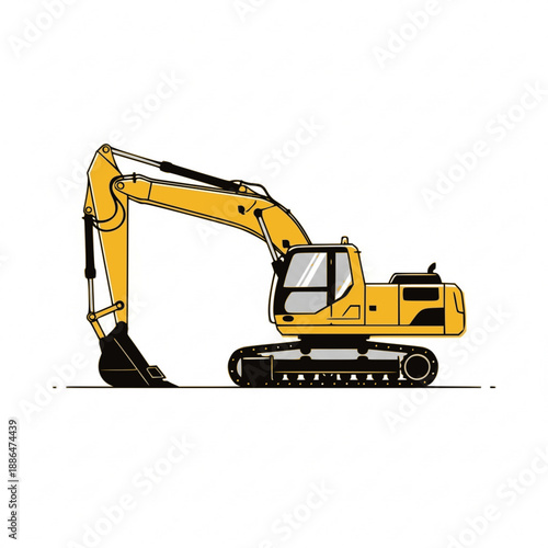 Cartoon yellow excavator with lowered bucket resting position