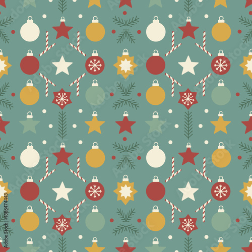 Seamless Christmas pattern with retro ornaments stars and candy canes on a teal background