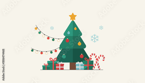 Festive Christmas tree illustration with gifts ornaments string lights and candy canes for holiday cheer