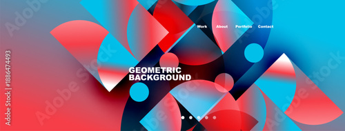 Abstract geometric background features vibrant blue, red hues. Overlapping shapes create dynamic visual effect. Navigation menu present.