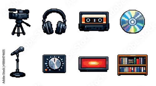 Retro music and media icons - cassette, cd, headphones, microphone, camera, bookshelf, equalizer