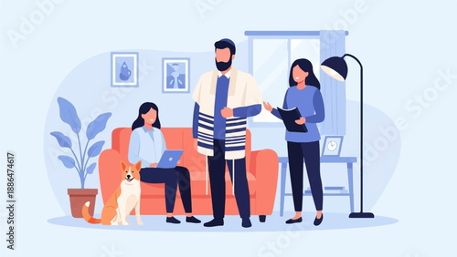 Family gathered indoors, learning, working, and relaxing with their dog