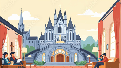 Family gathering at church with grand architecture, people reading