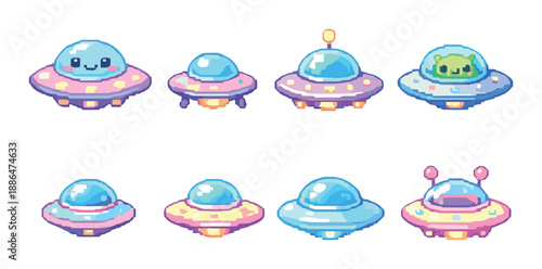 Colorful pixel art ufos with cute alien designs in a retro style
