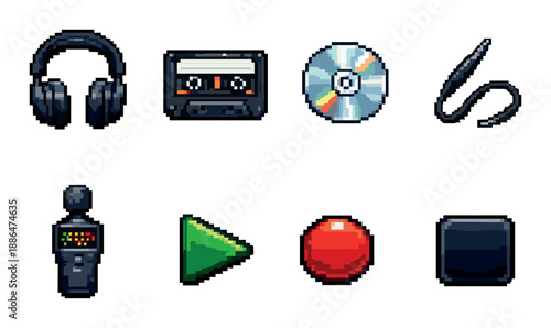 Retro pixel art icons of audio equipment and media devices on dark background