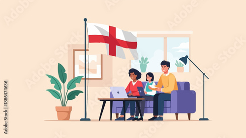 Family gathering indoors with a national flag and modern furnishings