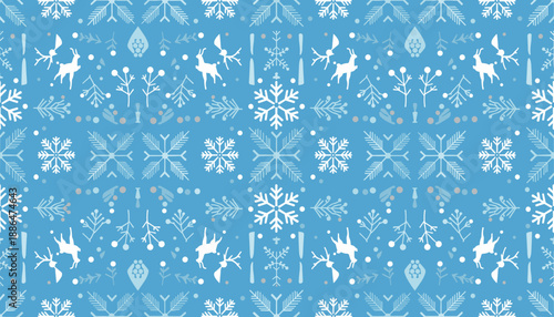 Seamless Nordic winter pattern with reindeer and snowflakes on blue Ideal for textile or wrapping paper