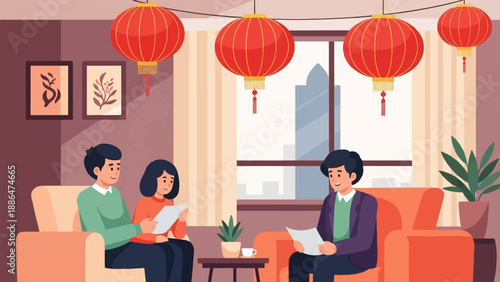 Family gathering indoors with festive red lanterns