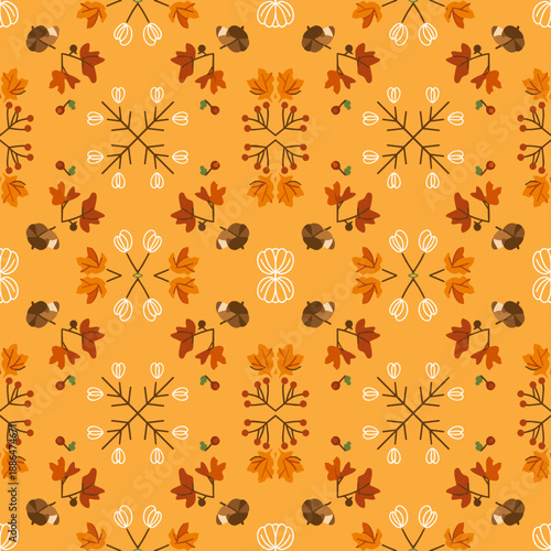 Fall seamless pattern with maple leaves acorns and berries on a warm orange background