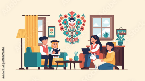 Family gathering with folk art and a dog in a cozy living room