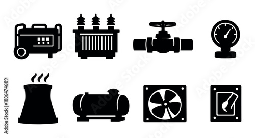 Industrial equipment icons on dark background: generator, valve, turbine, and more
