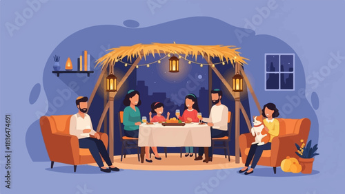 Family gathers for a holiday meal under a sukkah with string lights