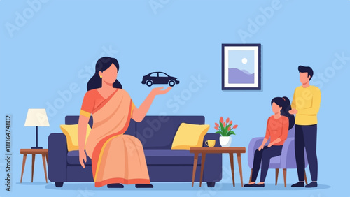 Family in living room with woman showing toy car, couple seated