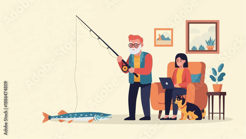 Family indoors Man fishes, woman works on laptop, dog sits nearby