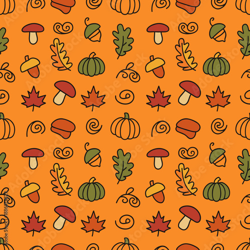 Seamless autumn pattern with cartoon pumpkins maple leaves and mushrooms on a bright orange background