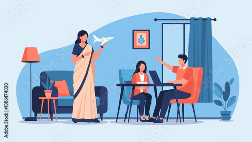 Family indoors, one holding airplane model, others at work table