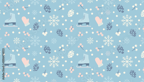 Festive flat winter pattern with ice skates mittens snow and pine cones on a soft blue background