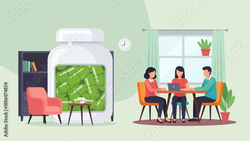 People gathered around a table, a large bottle of green pills, armchair, and bookshelf