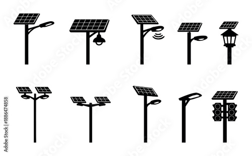 Collection of solar-powered street light designs in minimalist silhouettes