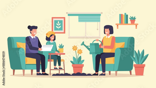 Family indoors watering plants, learning and relaxing together