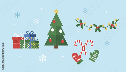 Festive Christmas design elements gifts decorated tree holly garland candy canes and mittens