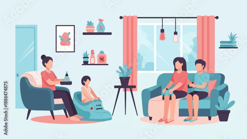 Family indoors, relaxation, leisure activities, home comfort, child play